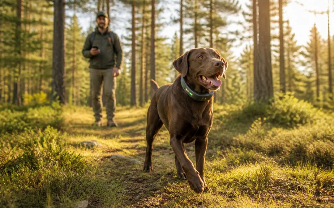 Chien heureux en foret avec collier gps