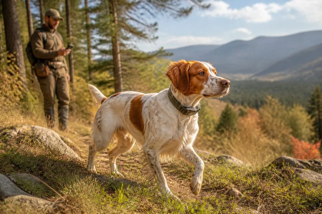 Chien de chasse avec collier GPS en terrain forestier