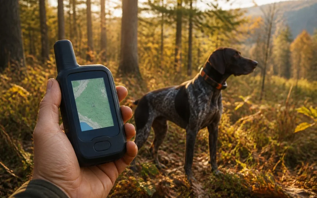 Gps et chien en foret a lautomne