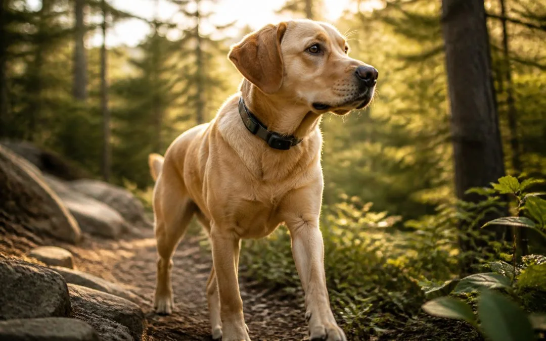 Labrador aventureux en foret au coucher du soleil