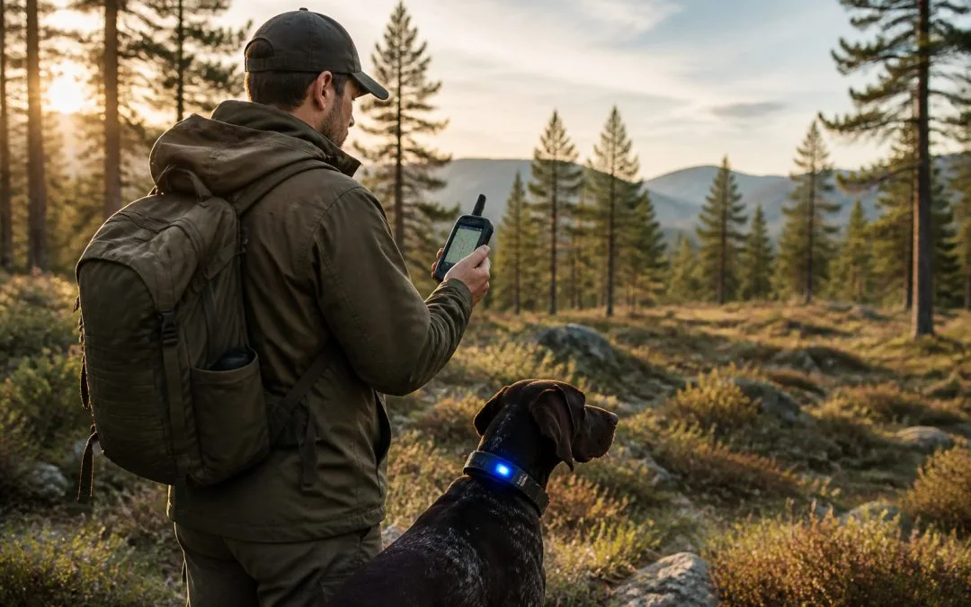 Chasseurs et leur chien connectes en nature