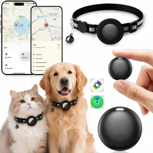 Module noir rond sur un collier, avec un chat et un chien, écrans Localiser et Find Hub