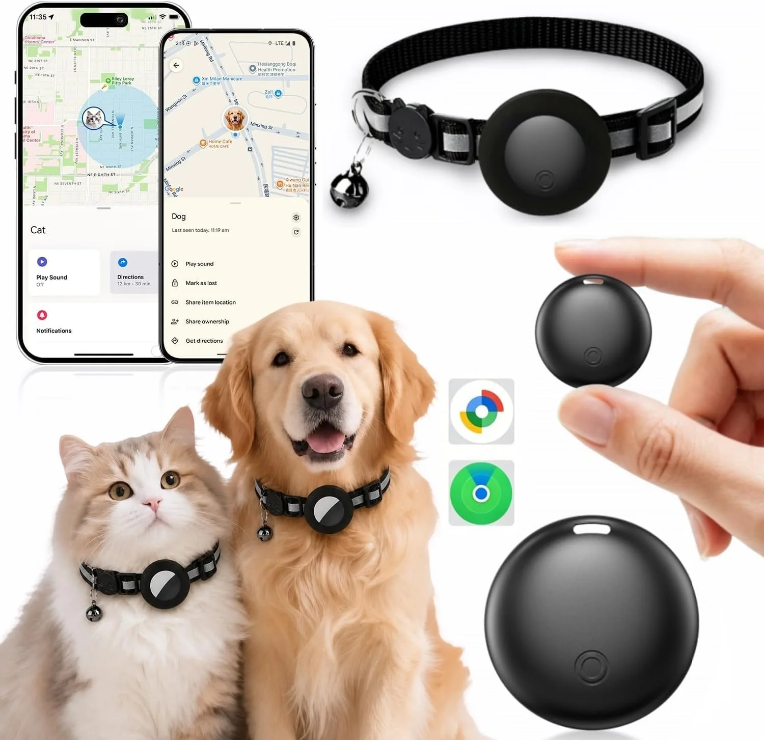 Module noir rond sur un collier, avec un chat et un chien, écrans Localiser et Find Hub
