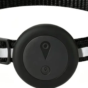 Collier nylon noir avec bande réfléchissante, grelot, module rond et boucle tête de chat