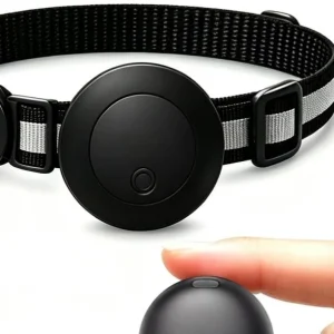 Visuel du collier noir à bande réfléchissante et du module rond, sans marque lisible