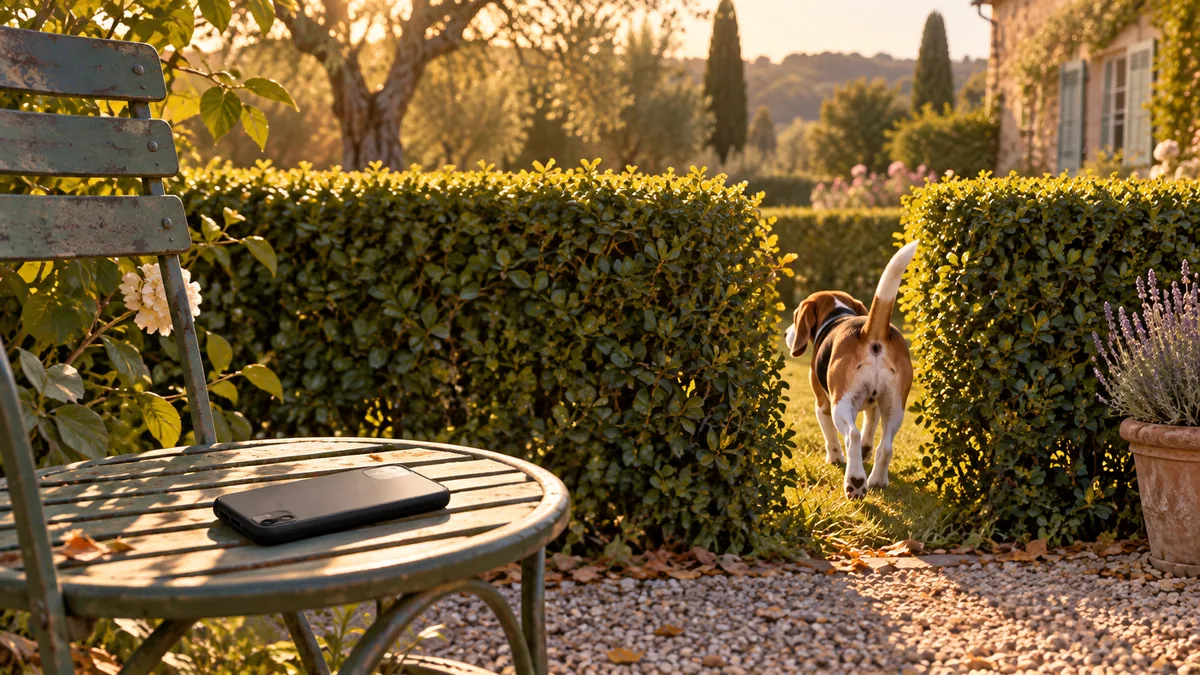 Illustration d’un téléphone retourné sur une chaise de jardin, un beagle déjà passé derrière la haie, personne absente : l’alerte ne retient pas le chien, pas une photo.