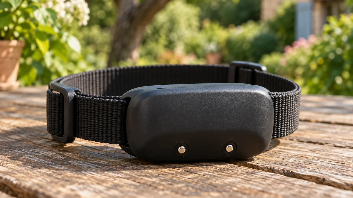 Illustration d’un récepteur de collier noir avec deux contacts métalliques, posé sur une table de jardin, sans logo et sans écran lisible : pas une photo.