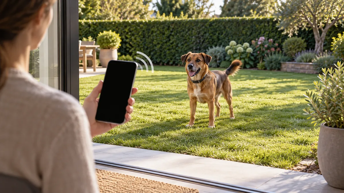 Illustration d’un jardin clos par une haie basse, chien croisé brun au milieu de la pelouse, personne sur le seuil avec un téléphone à écran noir : pas une photo produit.