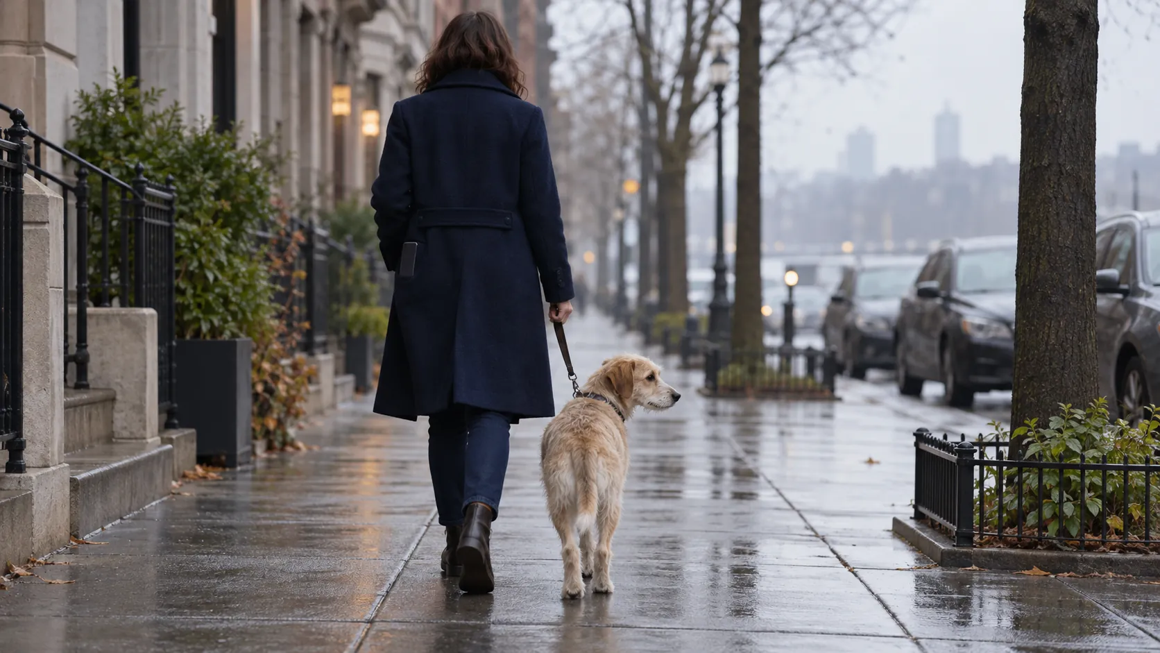 Illustration d’une promenade en laisse sur un trottoir, téléphone dans la poche, chien beige à côté : le téléphone suit la balade, pas une photo.