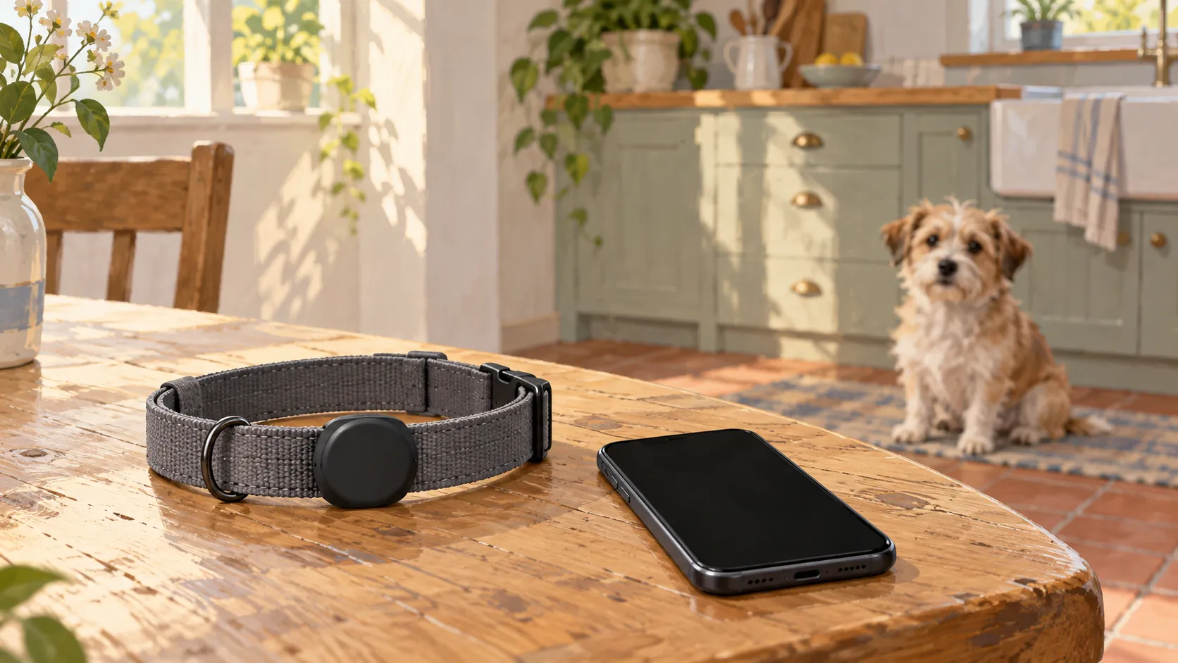 Illustration d’un petit module rond noir posé sur un collier, à côté d’un téléphone à écran éteint, dans une cuisine : pas une photo produit.