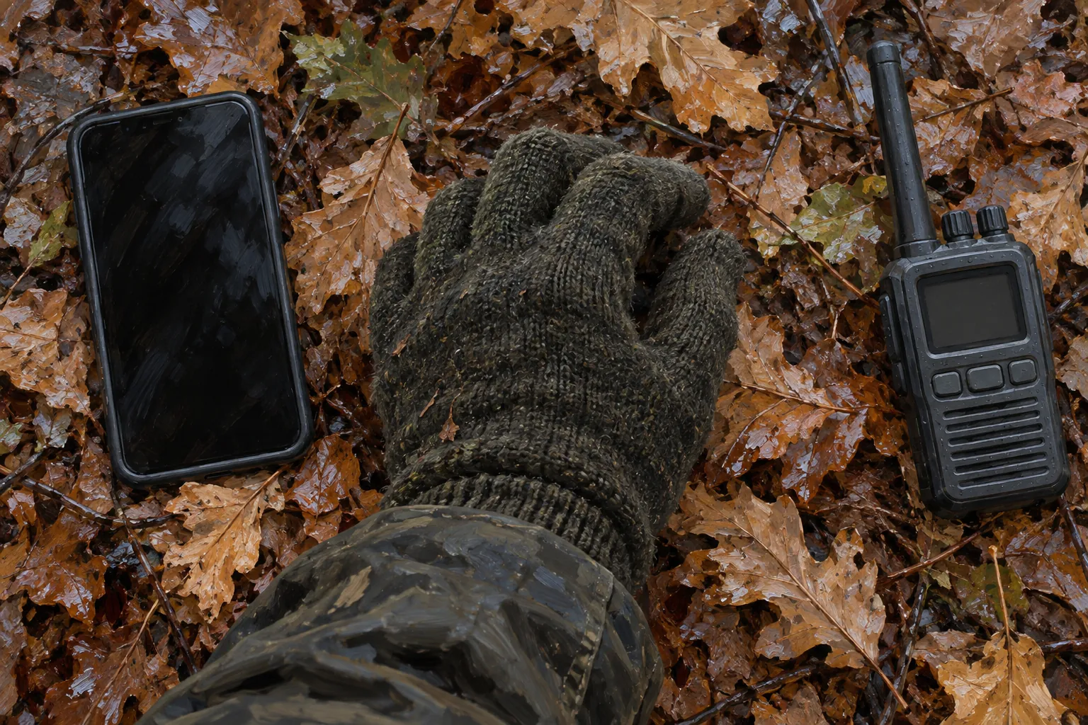 Illustration d’un téléphone et d’un récepteur radio côte à côte en forêt, pas un visuel de marque.