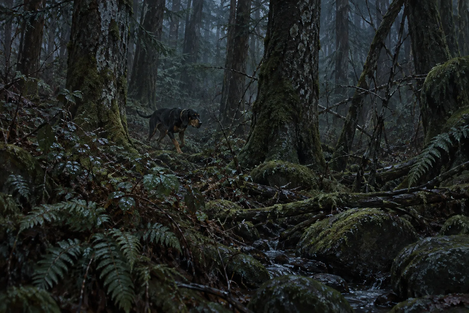 Illustration d’un sous-bois sans antenne visible, chien au loin, pas une photo de terrain.