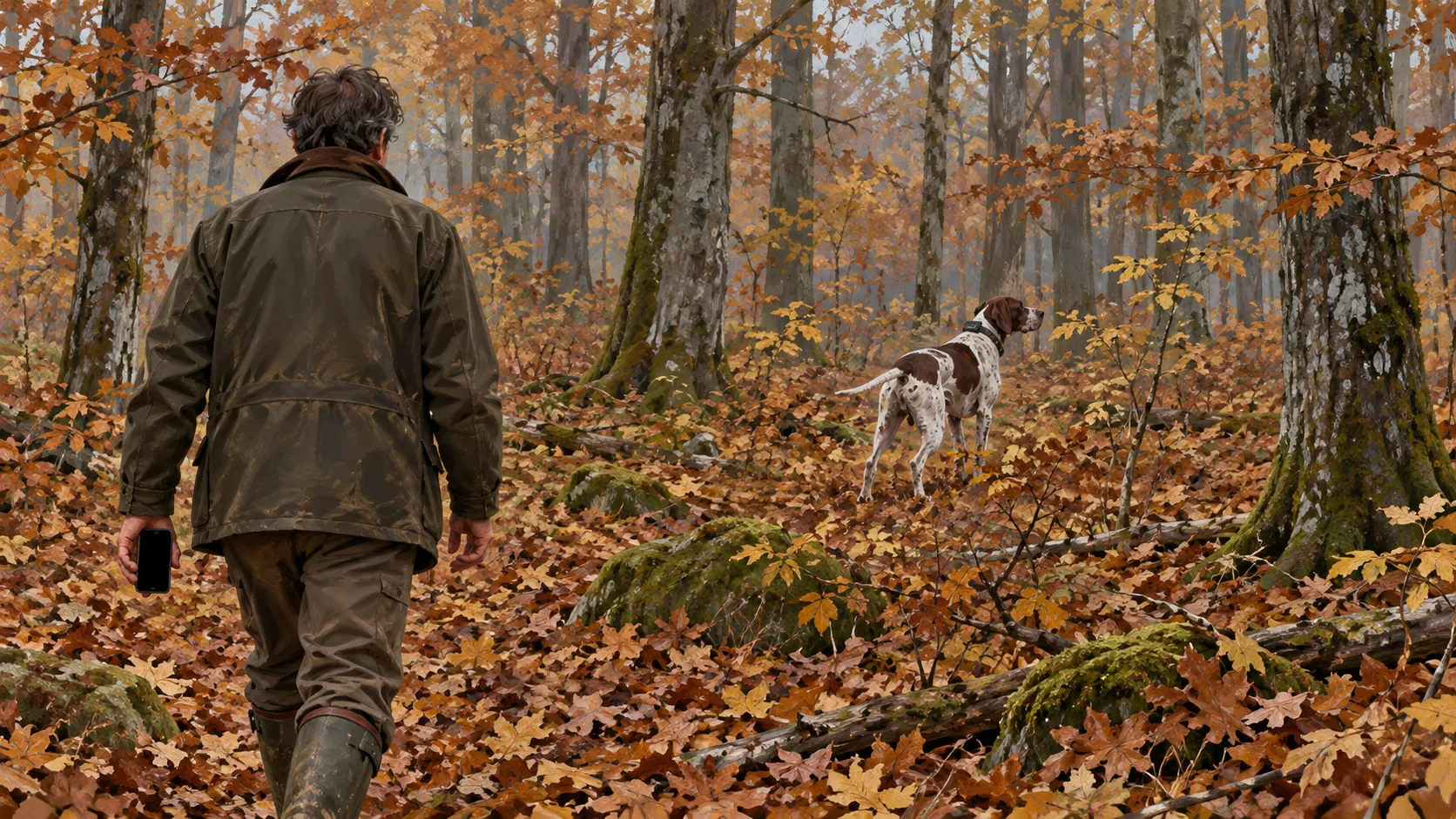 Illustration d’un chasseur en sous-bois, smartphone en main, chien au collier plus loin : pas une photo produit.