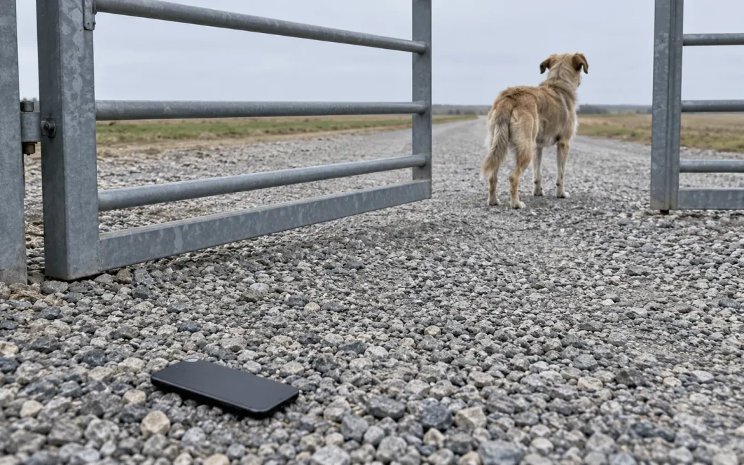 Chien croisé beige déjà de l’autre côté d’un portail métallique ouvert, téléphone retourné sur le gravier, écran éteint, sans logo.