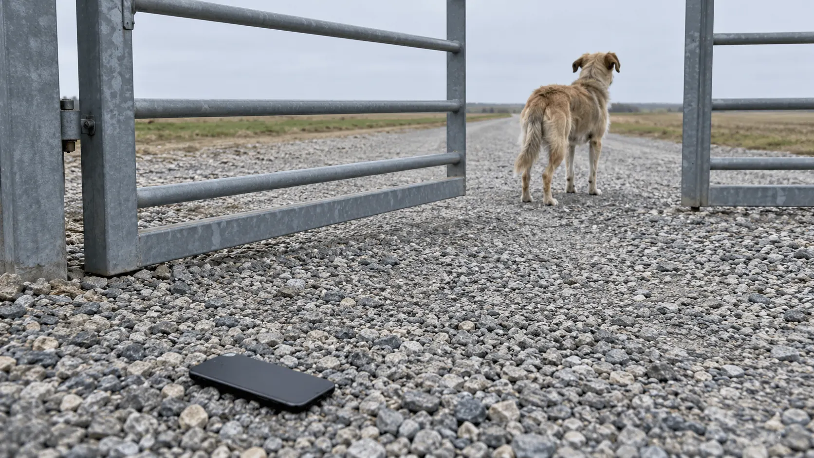 Chien croisé beige déjà de l’autre côté d’un portail métallique ouvert, téléphone retourné sur le gravier, écran éteint, sans logo.