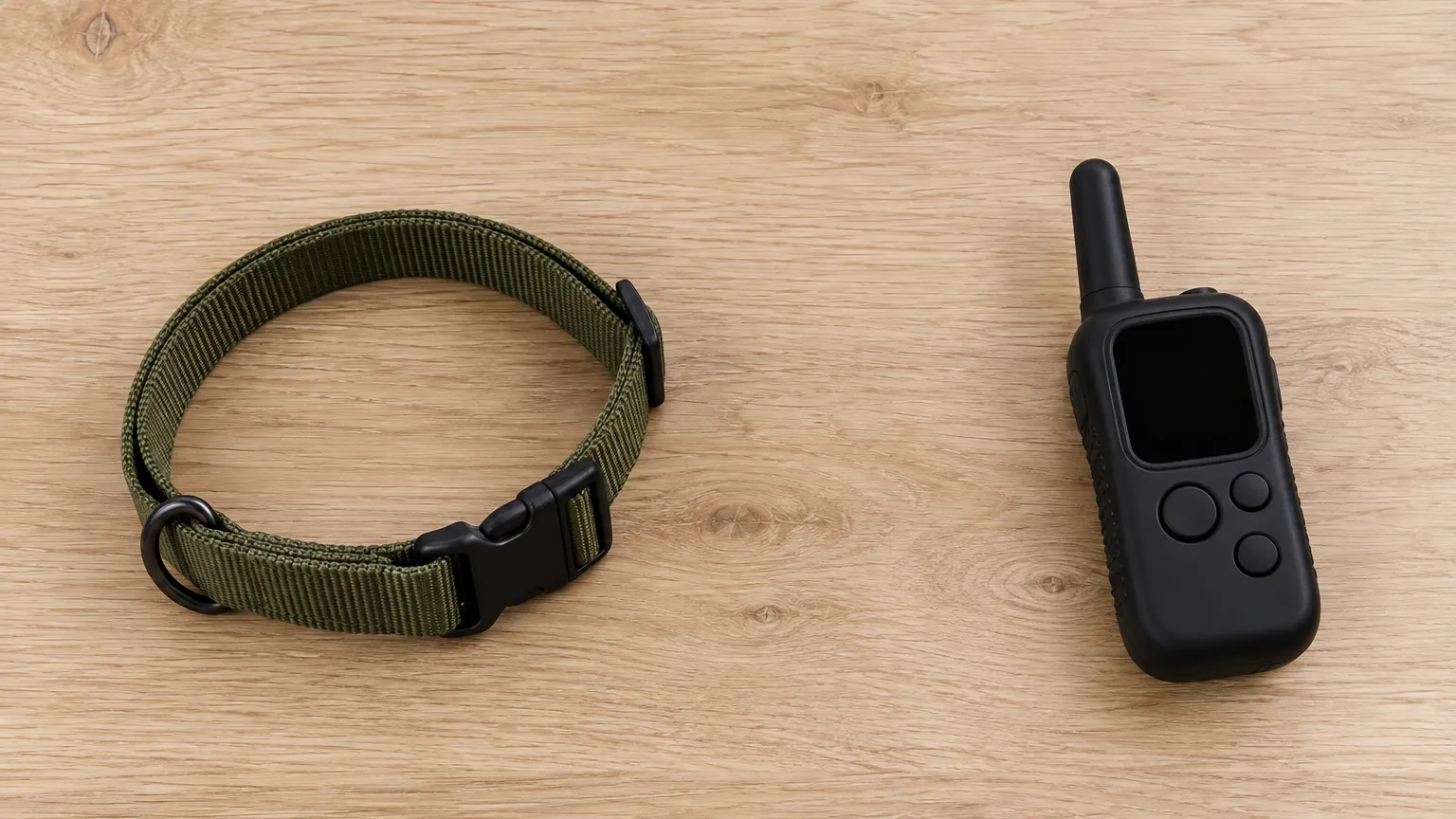 Illustration d’un comptoir en bois, un collier seul d’un côté et un boîtier à antenne courte de l’autre, sans marque : pas une photo produit.
