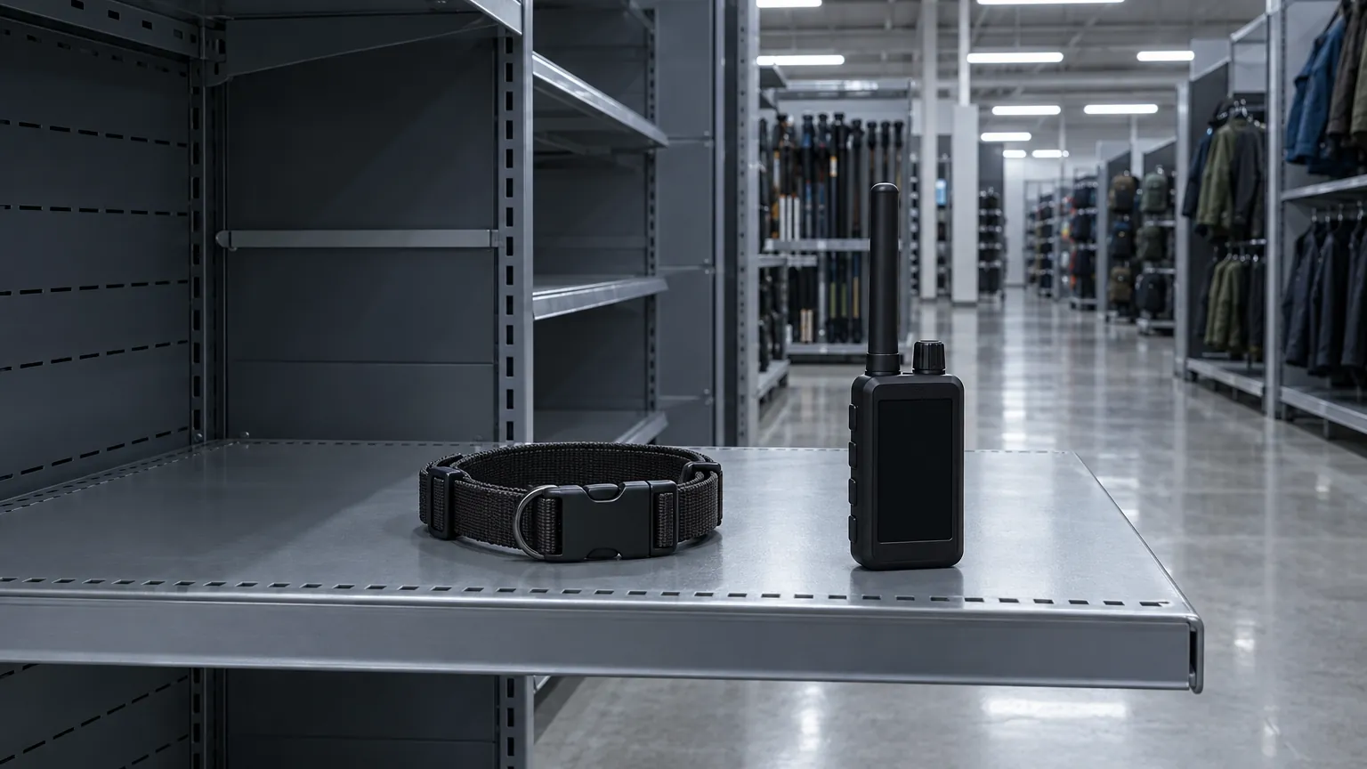 Illustration d’un rayon de magasin de sport, collier de chien sombre et boîtier radio noir sans logo sur une tablette, aucun texte lisible : pas une photo.