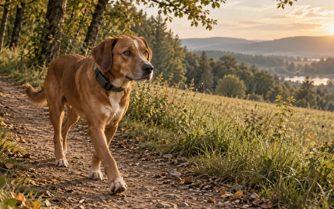 Illustration d’un chien en promenade, petit boîtier discret au collier, pas une photo produit.