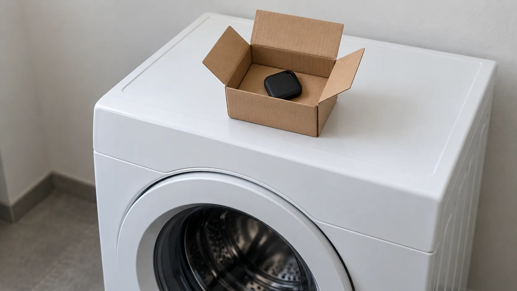 Petit boîtier noir dans un carton ouvert, posé sur une machine à laver, sans texte ni téléphone.