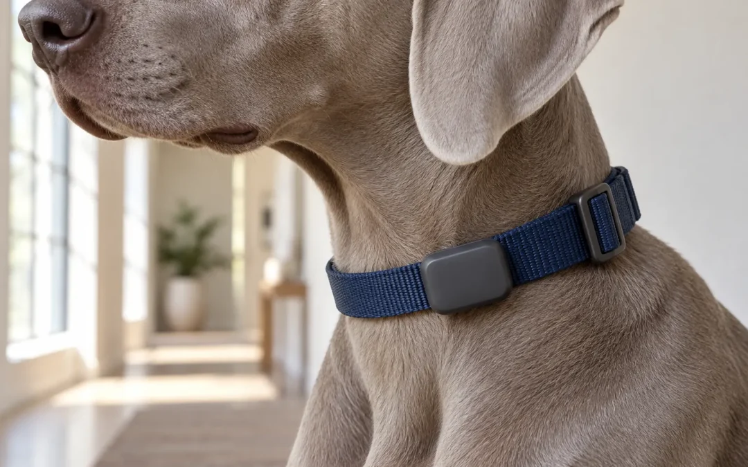 Illustration en gros plan d’un collier à boîtier fermé, sur un chien gris, dans un intérieur lumineux.
