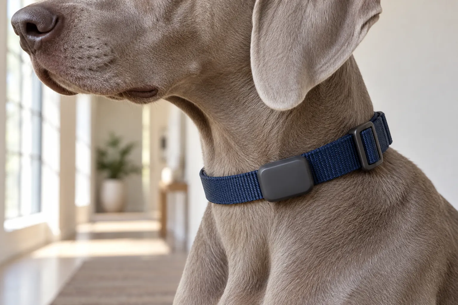 Illustration en gros plan d’un collier à boîtier fermé, sur un chien gris, dans un intérieur lumineux.