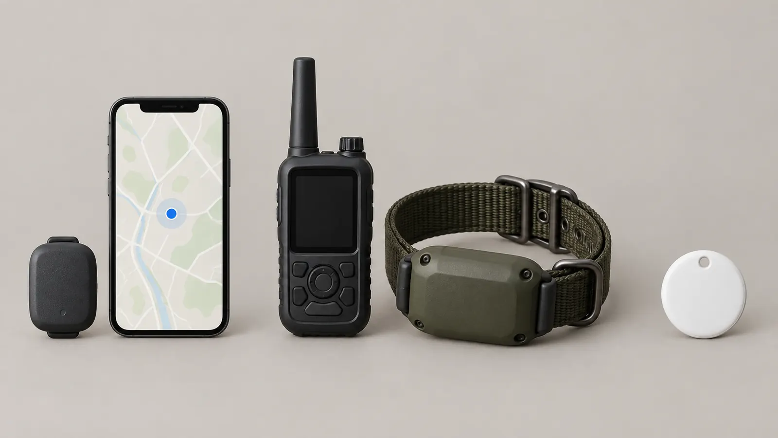 Illustration des trois familles : traceur avec téléphone, radio de poing, collier plus gros, balise ronde sans logo.