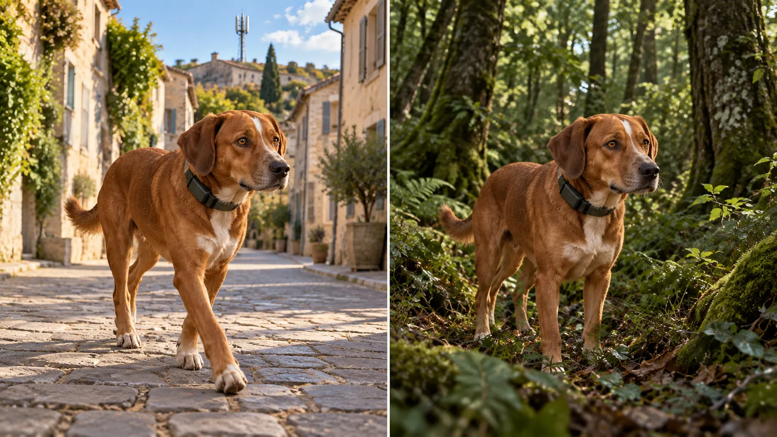 Illustration du même chien en rue de ville, puis en sous-bois : le réseau change, le collier non.