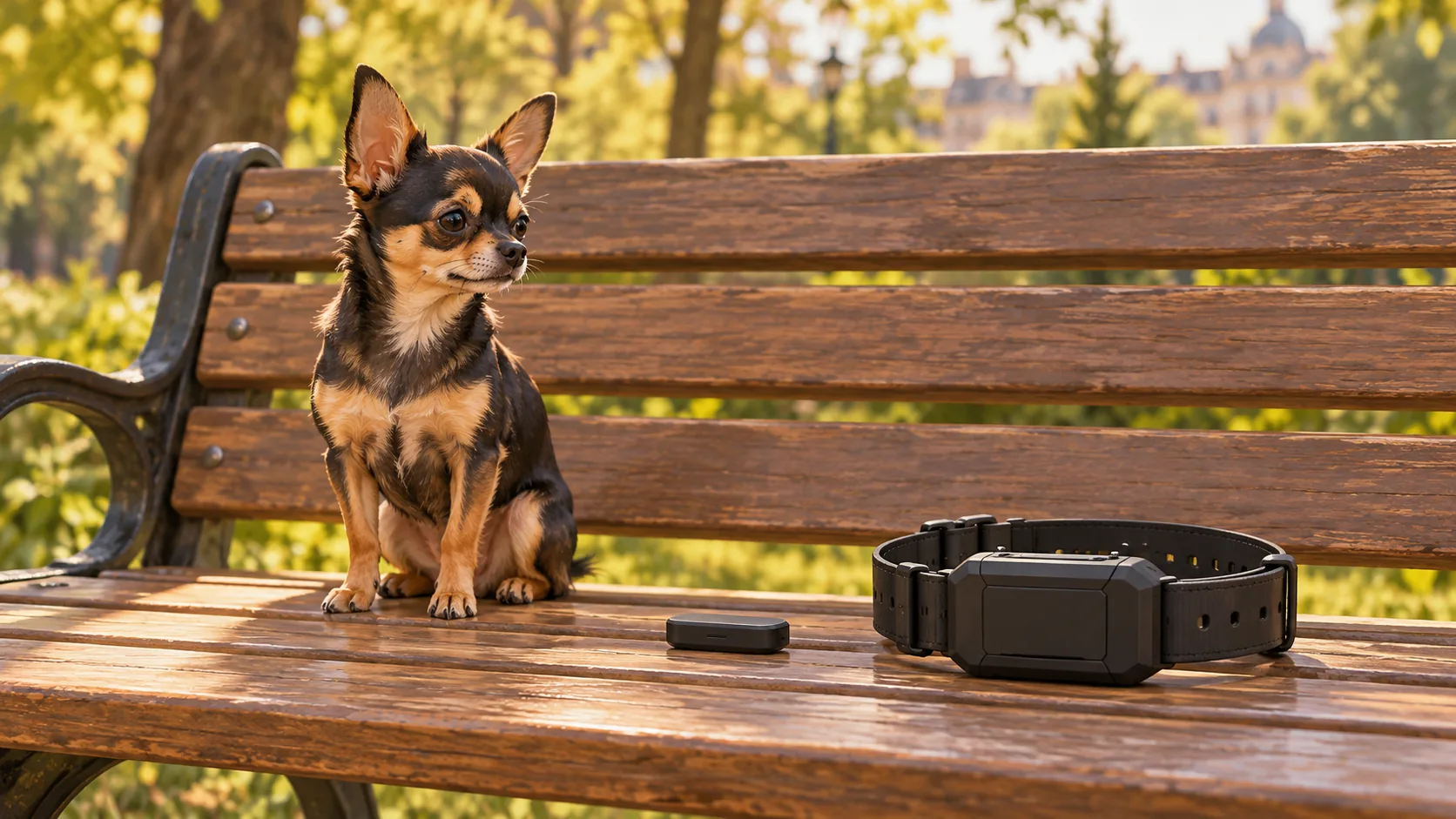 Illustration d’un banc de parc, un tout petit boîtier sombre à côté d’un collier de chasse beaucoup plus gros, chien nain assis : pas une photo.