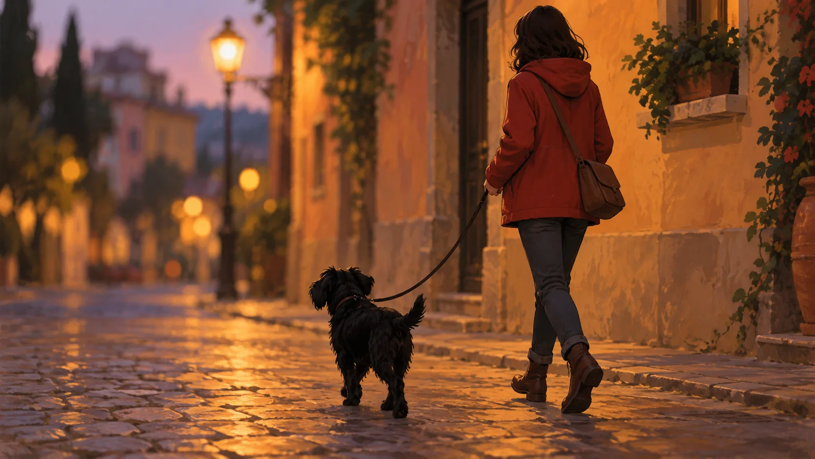 Illustration d’une rue le soir, petit chien noir en laisse courte, veste rouge de côté, le module au cou à peine visible : pas une photo de traceur.