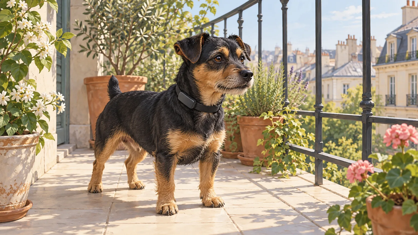 Illustration d’un petit chien noir et feu sur un balcon étroit, collier fin, petit boîtier allongé sombre sans logo : pas une photo produit.