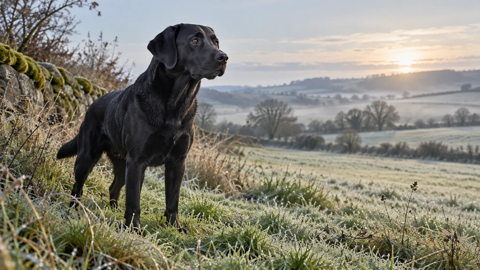 Illustration d’un labrador noir arrêté à la lisière d’un pré, sans antenne ni carte, pas une photo de terrain.
