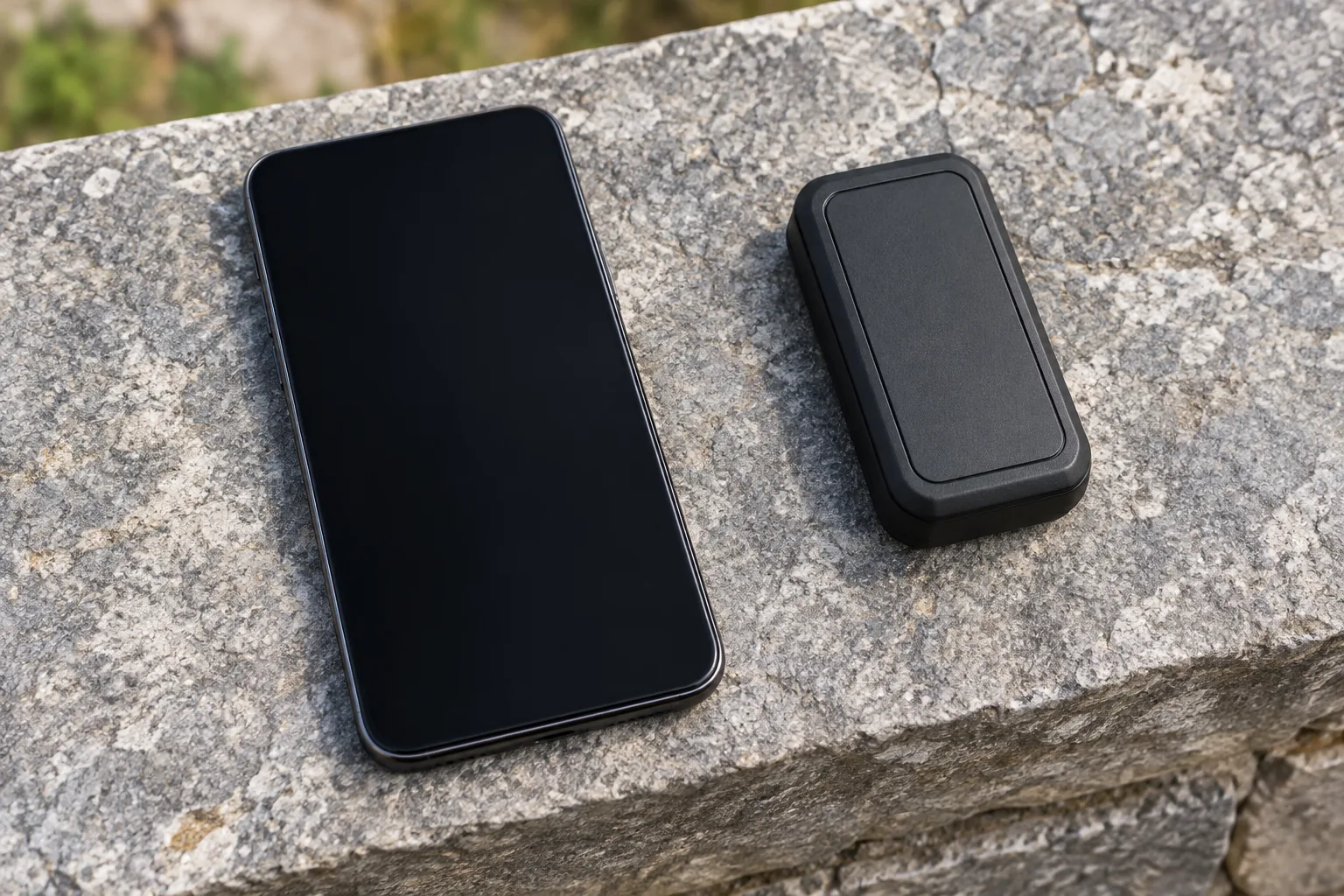 Illustration d’un téléphone à écran éteint et d’un petit connecteur noir sur un muret, pas un visuel de marque.