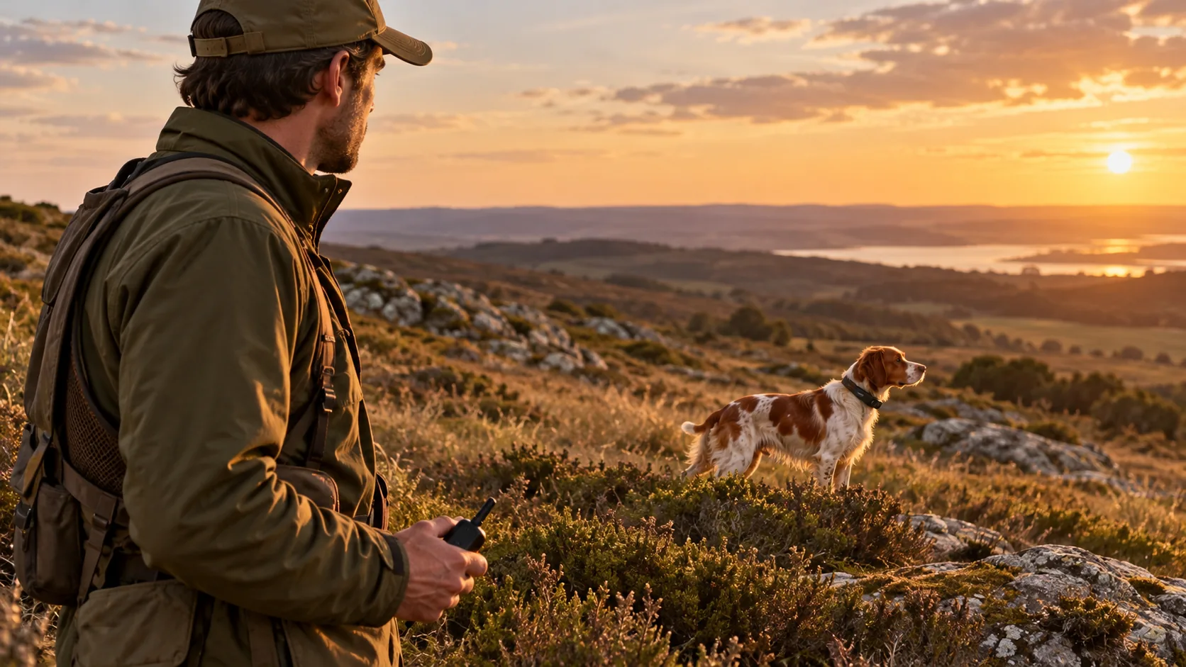 Illustration d’un chasseur de profil sur une lande, petit boîtier noir en main, épagneul blanc et orange plus loin : pas une photo produit.