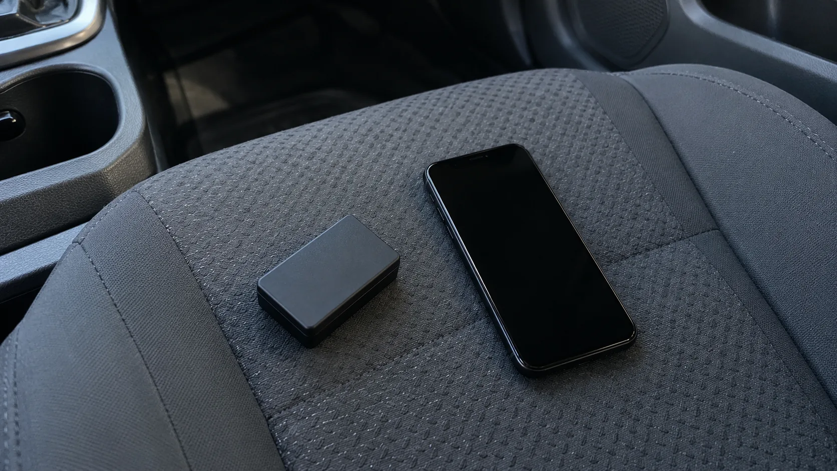 Boîtier noir sans marque à côté d’un téléphone éteint, sur le siège passager d’une voiture, aucune carte affichée.