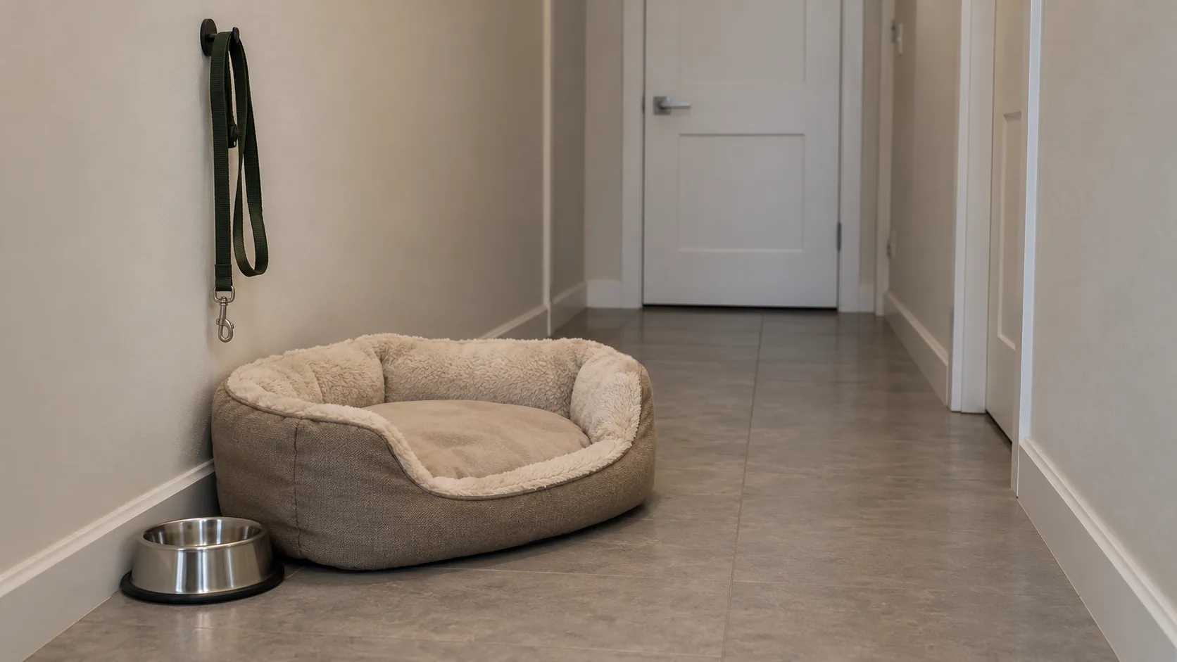 Panier de chien vide et gamelle inox dans un couloir, laisse au crochet, chien absent, sans téléphone.