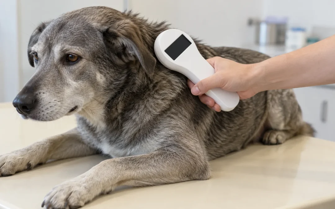Lecteur de puce blanc passé près de l’encolure d’un chien gris, sur une table d’examen claire, écran éteint, sans logo.