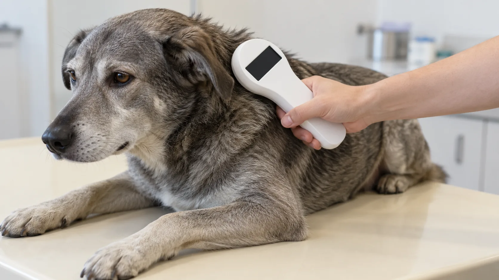 Lecteur de puce blanc passé près de l’encolure d’un chien gris, sur une table d’examen claire, écran éteint, sans logo.