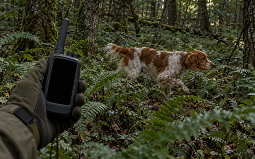 Illustration d’un épagneul en sous-bois, une main gantée tenant un récepteur radio.