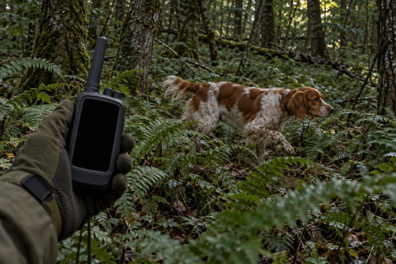 Illustration d’un épagneul en sous-bois, une main gantée tenant un récepteur radio.