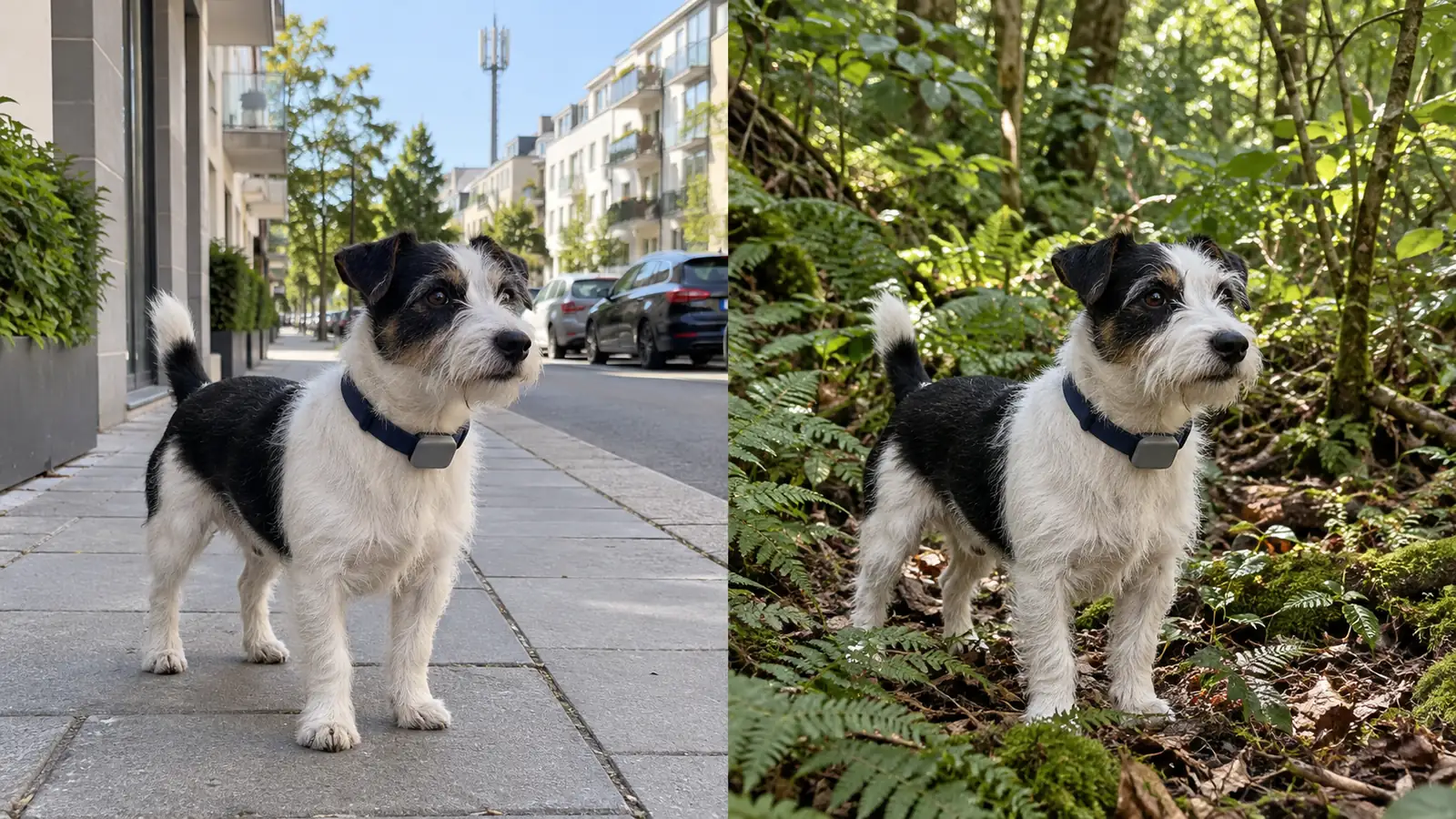 Illustration du même chien en ville puis en forêt : le réseau change.