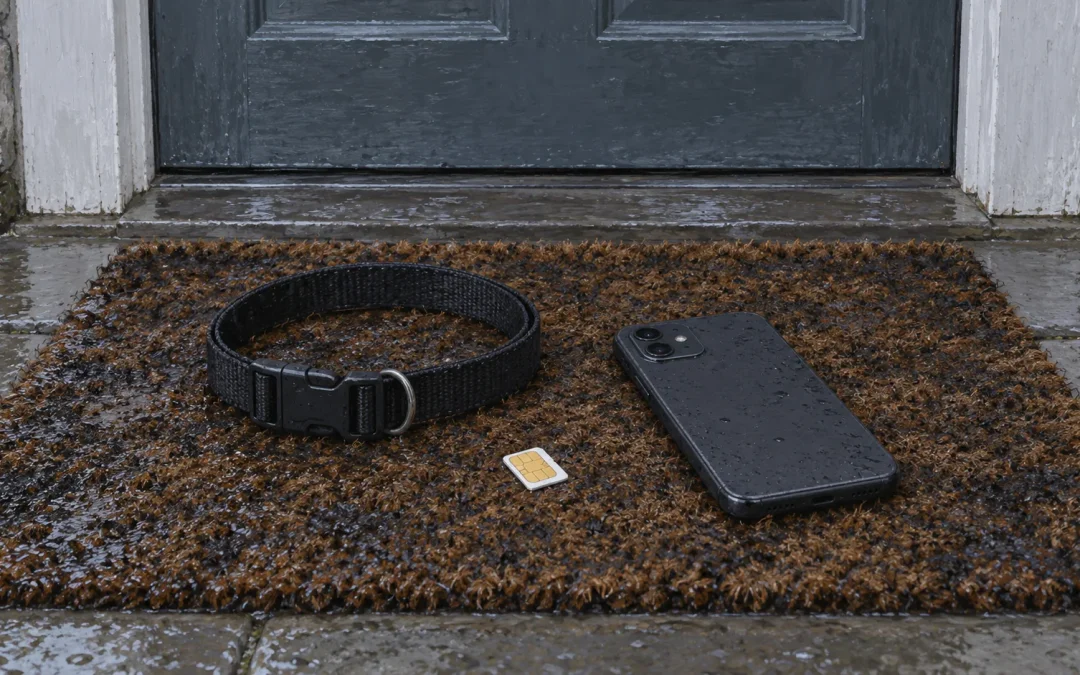 Illustration d’une carte SIM sur un paillasson mouillé, à côté d’un collier sombre et d’un téléphone éteint, sans logo : pas une photo.