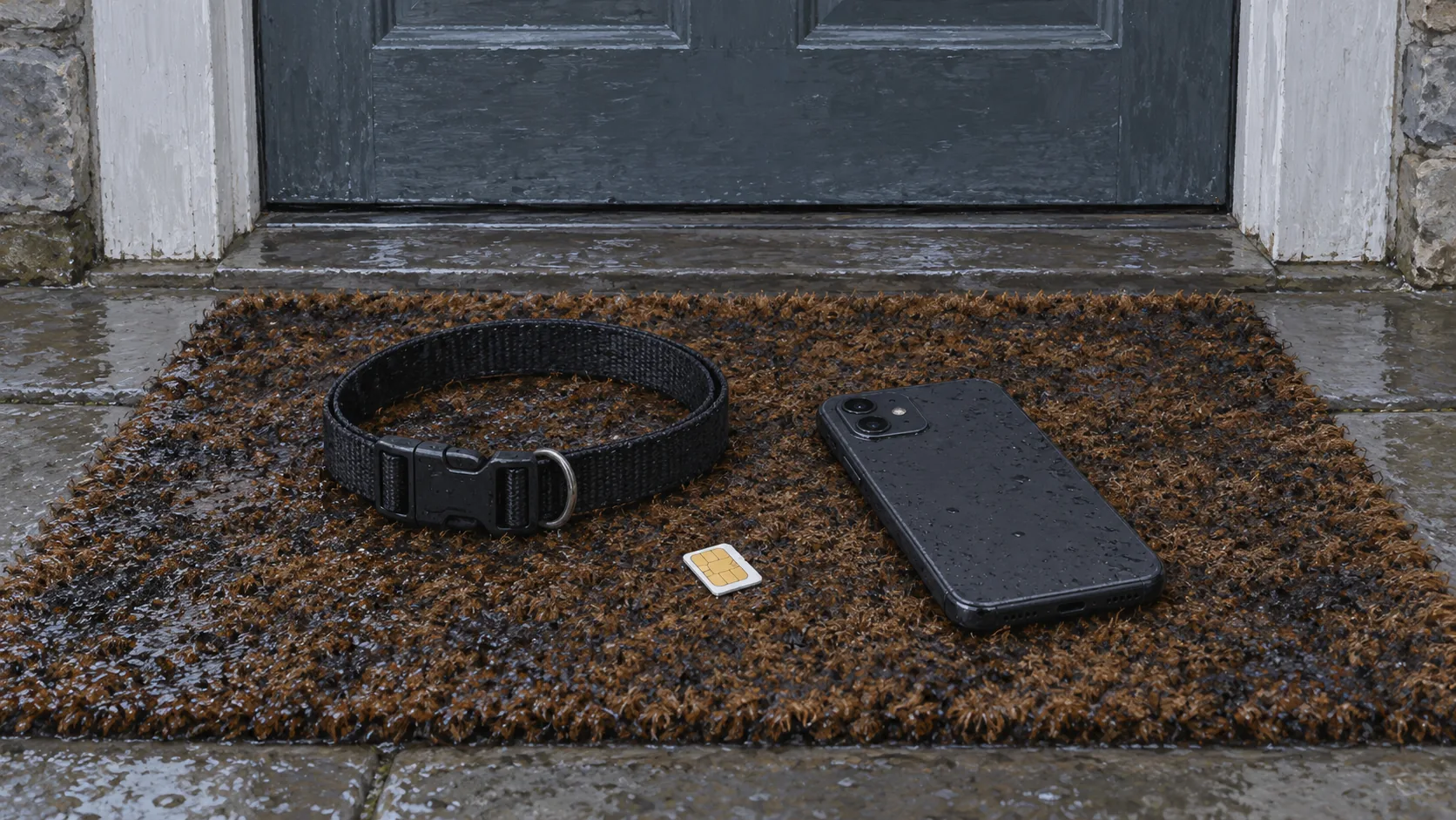 Illustration d’une carte SIM sur un paillasson mouillé, à côté d’un collier sombre et d’un téléphone éteint, sans logo : pas une photo.