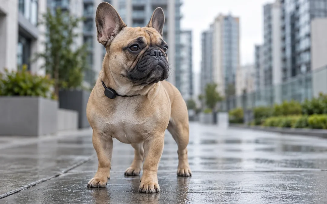 Illustration d’un petit bouledogue fauve sur un trottoir urbain, minuscule boîtier au collier, immeubles flous.