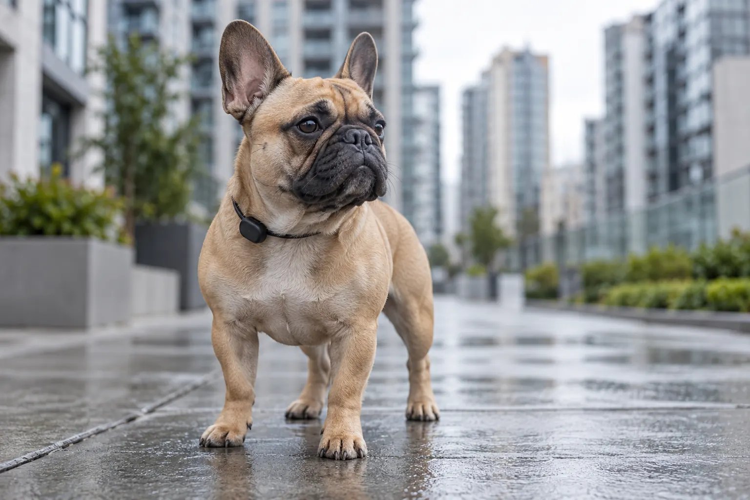 Illustration d’un petit bouledogue fauve sur un trottoir urbain, minuscule boîtier au collier, immeubles flous.