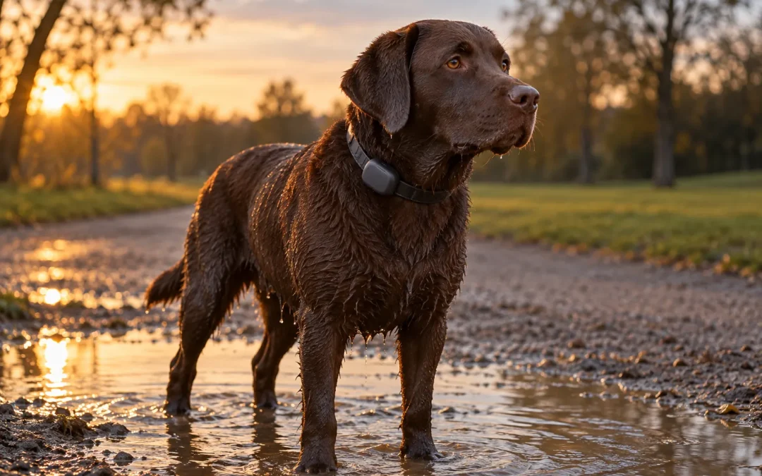 Illustration d’un labrador mouillé dans une flaque, boîtier compact au collier, lumière de fin de journée.