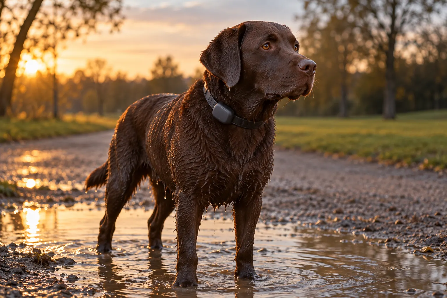 Illustration d’un labrador mouillé dans une flaque, boîtier compact au collier, lumière de fin de journée.